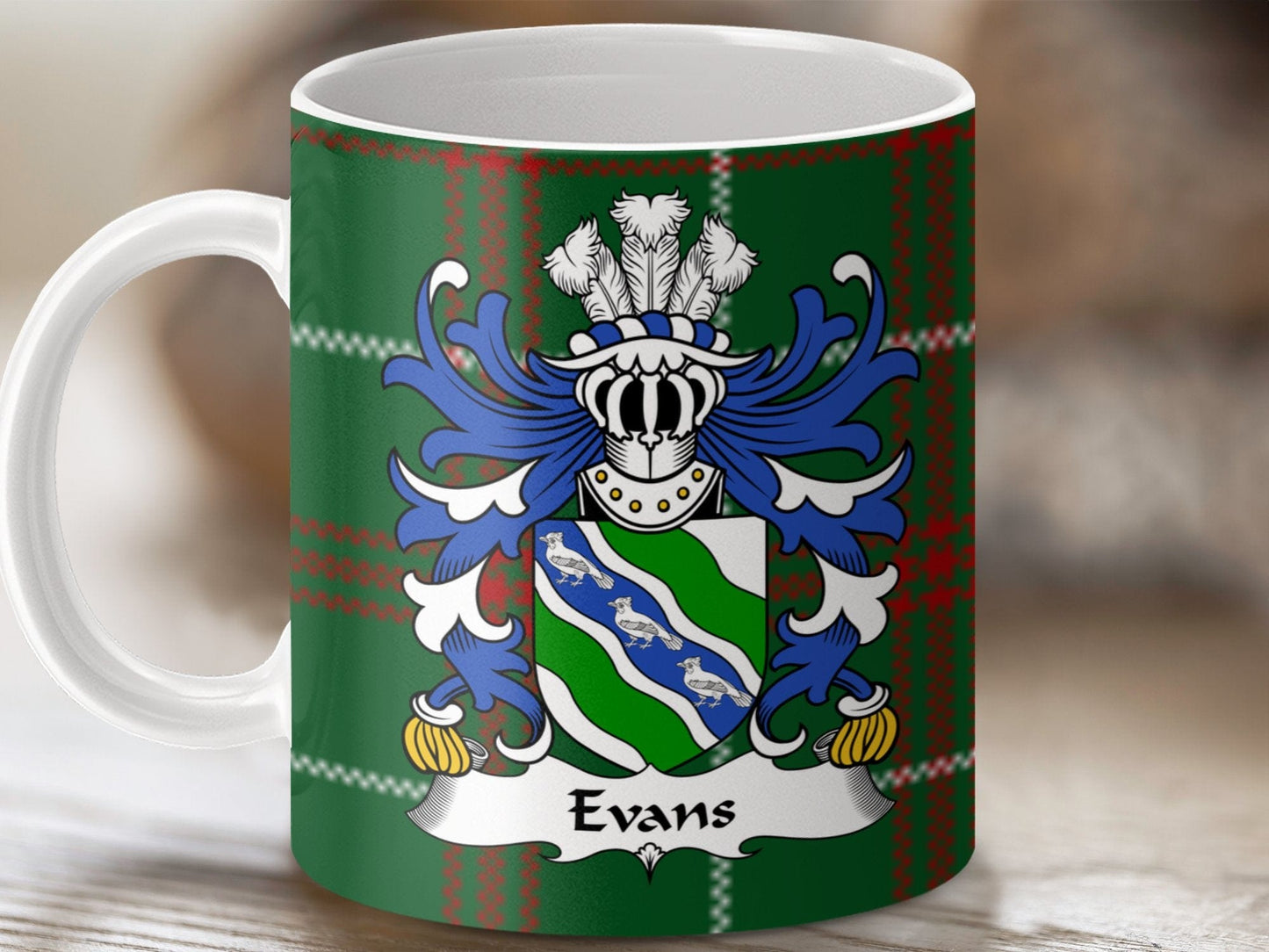 Physical Item Evans Coat of Arms on Welsh National Tartan Mug