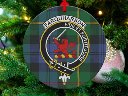 Physical Item Farquharson Clan Crest on Tartan Pattern Christmas Ornaments