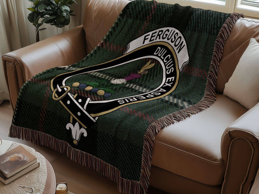 Ferguson Clan Crest Tartan Scottish Woven Blanket - Celtic Ancestry Gifts