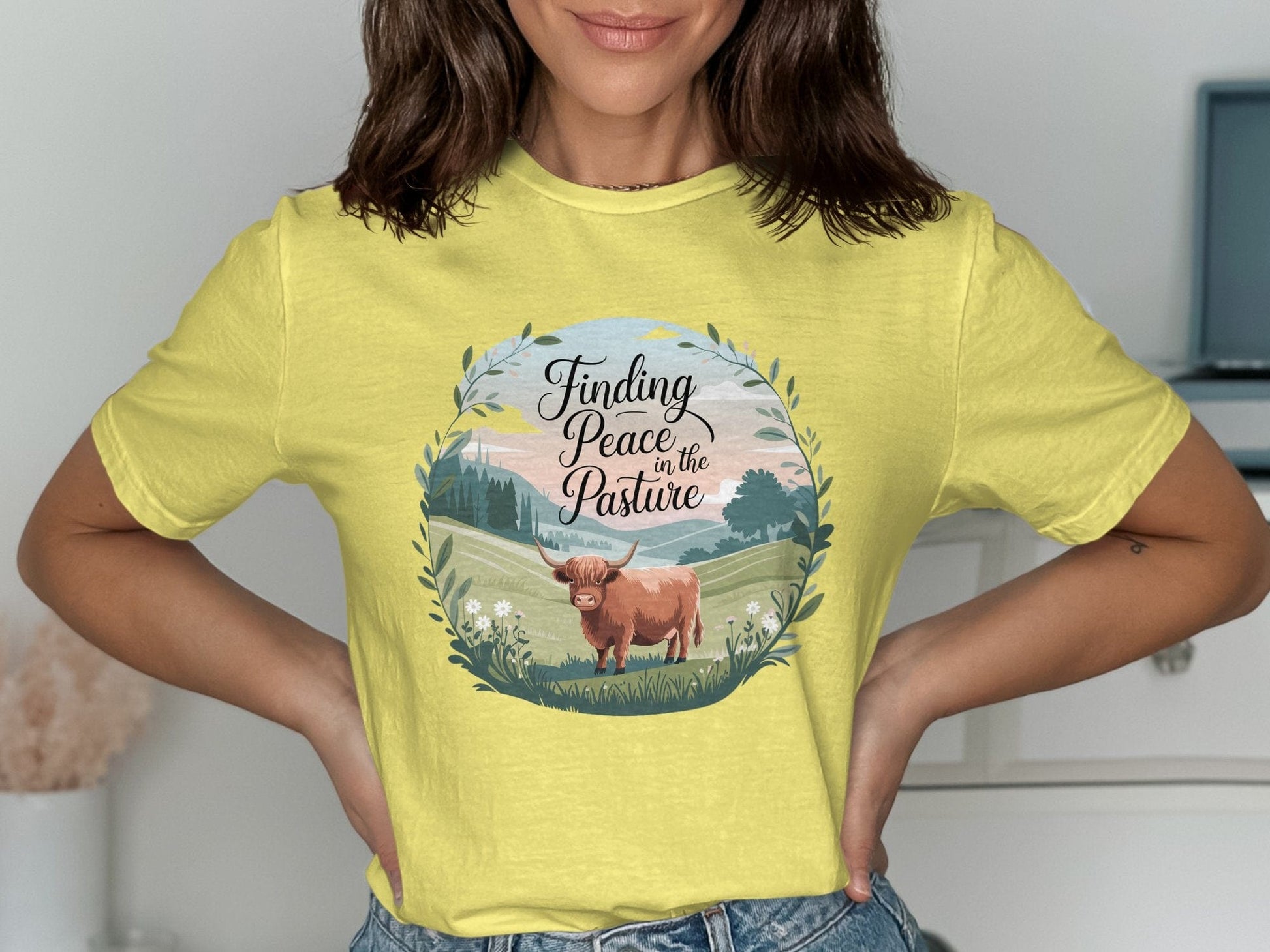 Physical Item Finding Peace in the Pasture Highland Cow T-Shirts