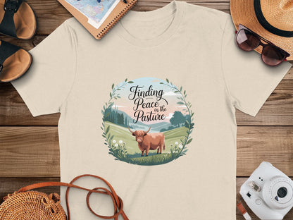 Physical Item Finding Peace in the Pasture Highland Cow T-Shirts