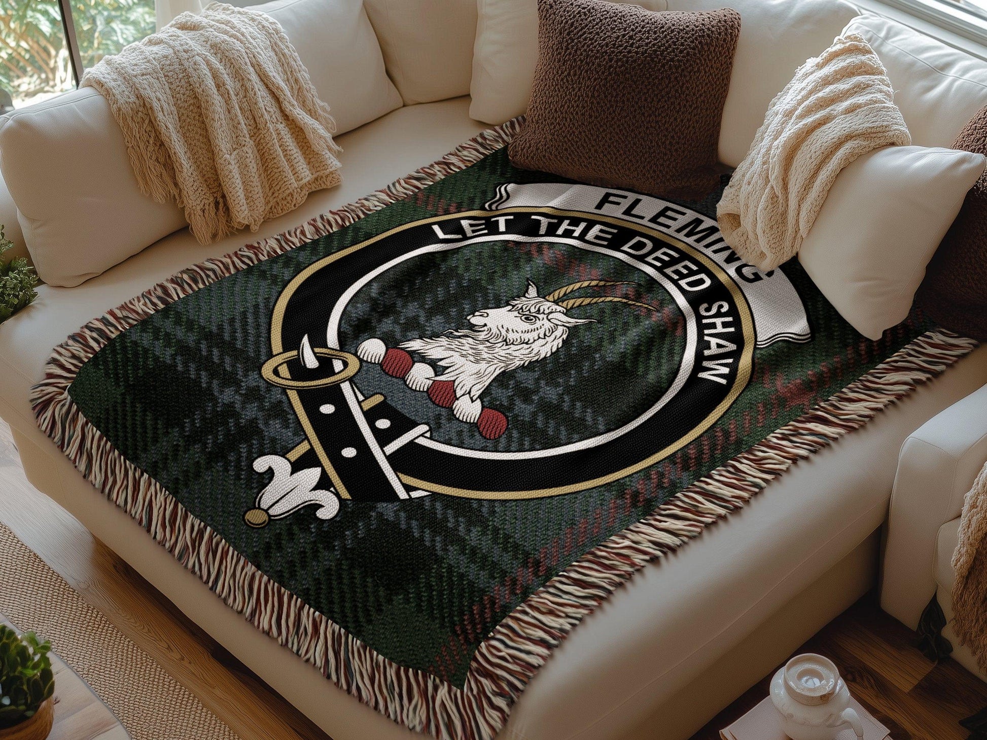 Physical Item Fleming Clan Crest Tartan Scottish Woven Blanket