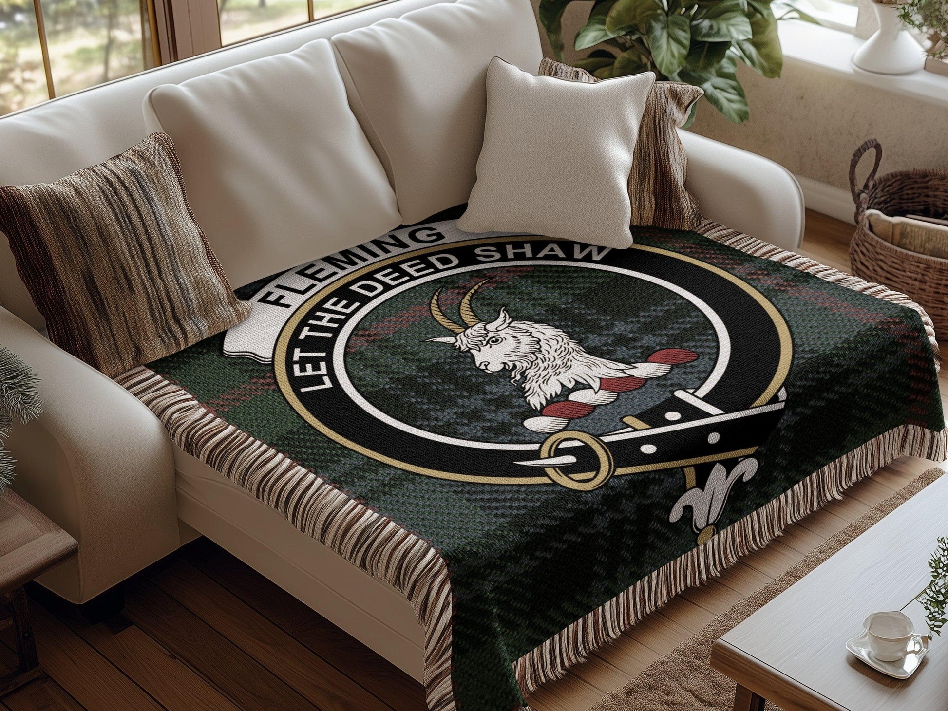 Physical Item Fleming Clan Crest Tartan Scottish Woven Blanket