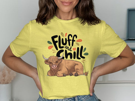 Physical Item Fluff and Chill Highland Cow Graphic T-Shirts