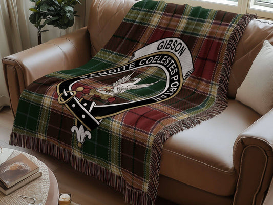Gibson Clan Crest Tartan Scottish Heritage Woven Blanket - Celtic Ancestry Gifts