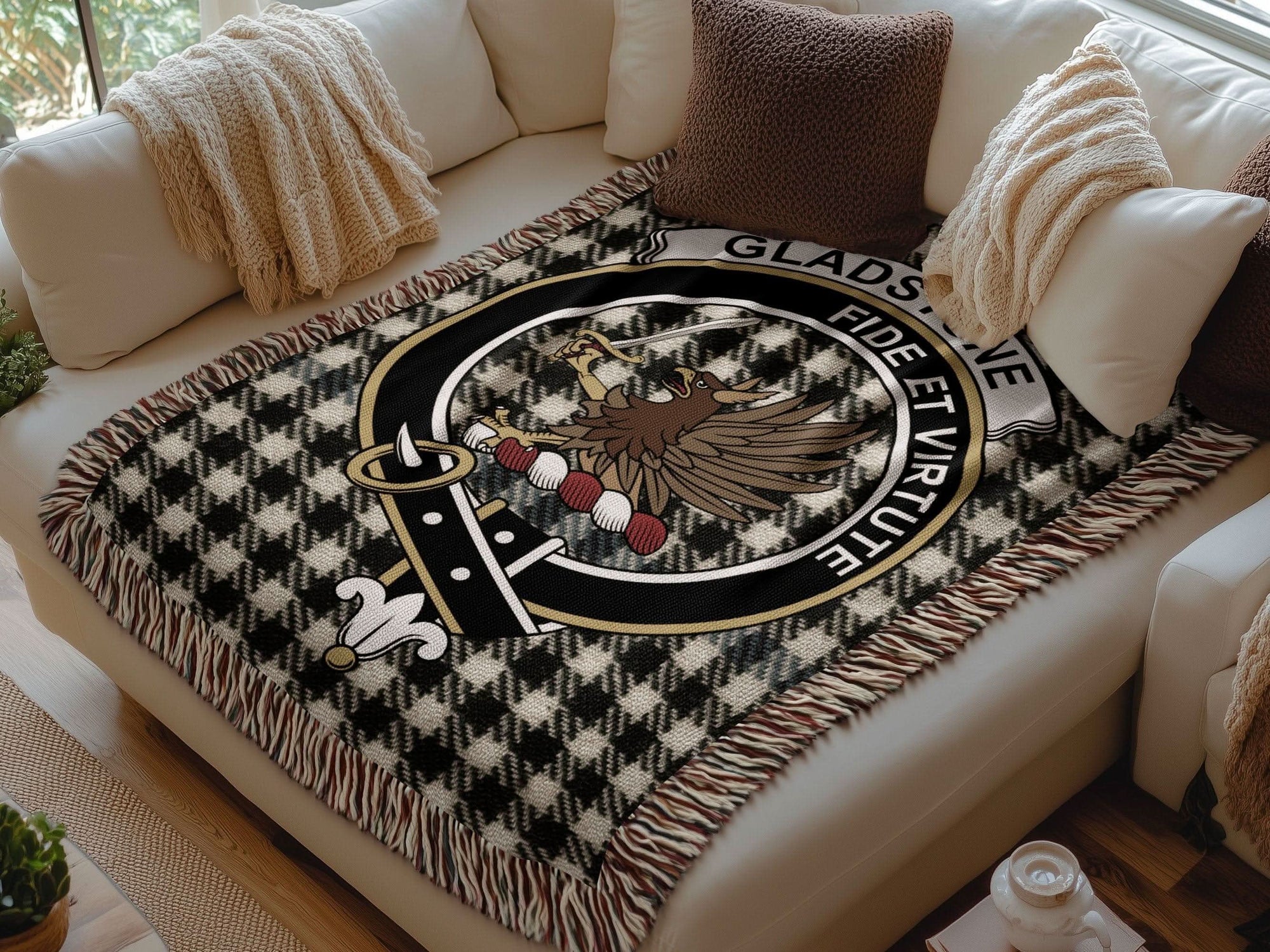 Gladstone Clan Crest Tartan Scottish Woven Blanket - Celtic Ancestry Gifts