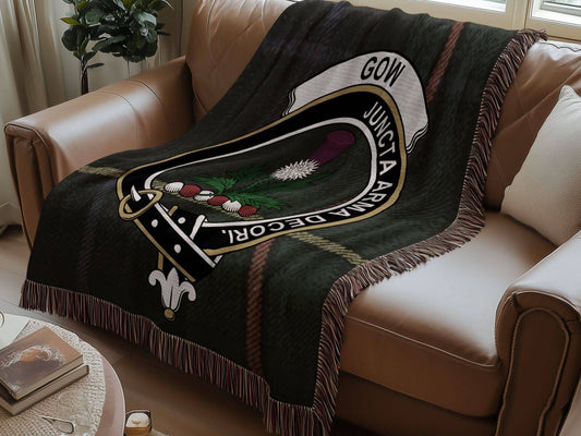 Gow Clan Crest Tartan Scottish Heritage Woven Blanket - Celtic Ancestry Gifts