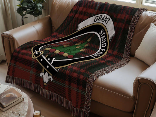 Grant Clan Crest Tartan Scottish Heritage Woven Blanket - Celtic Ancestry Gifts