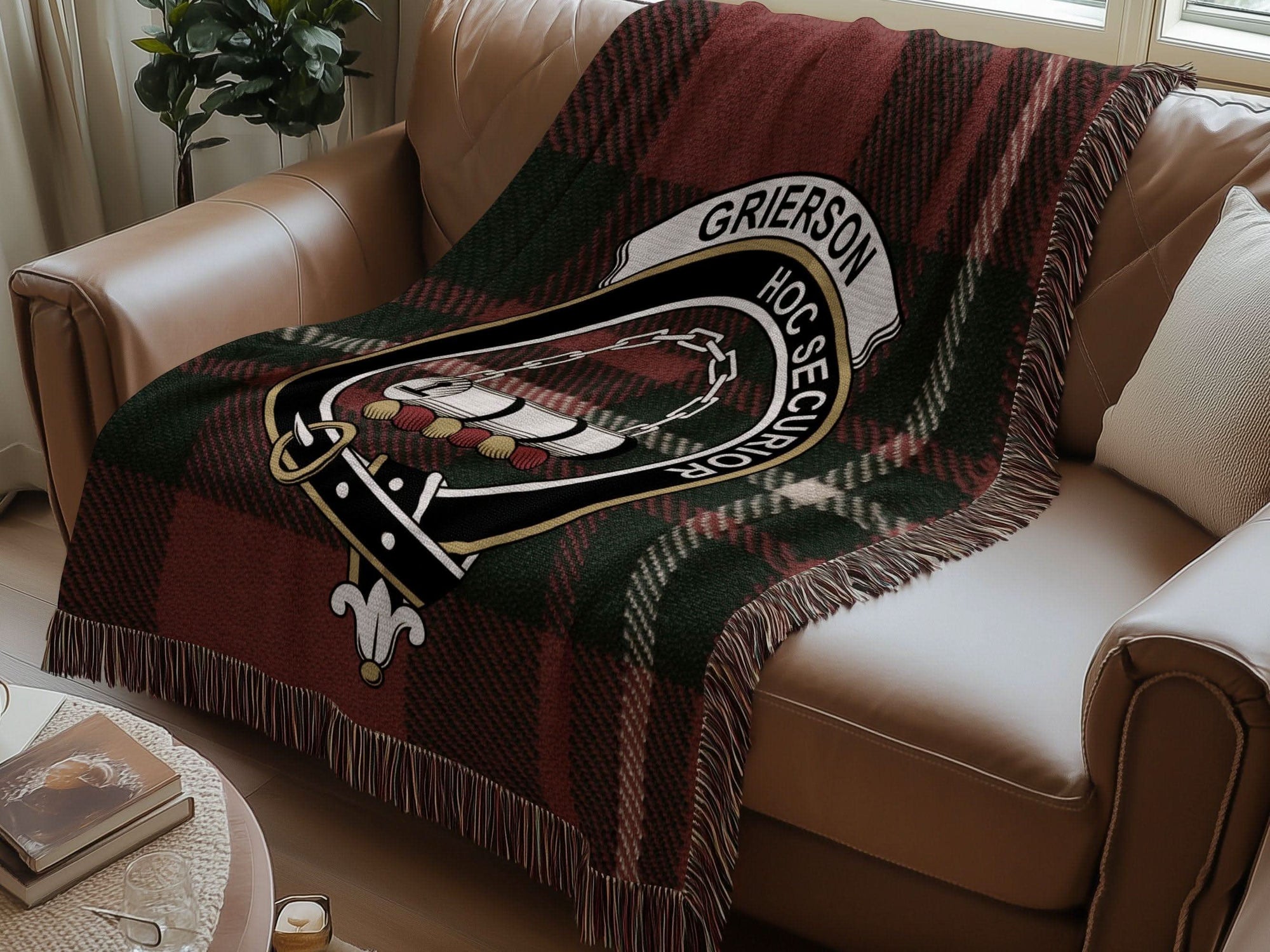 Grierson Clan Crest Tartan Scottish Woven Blanket - Celtic Ancestry Gifts