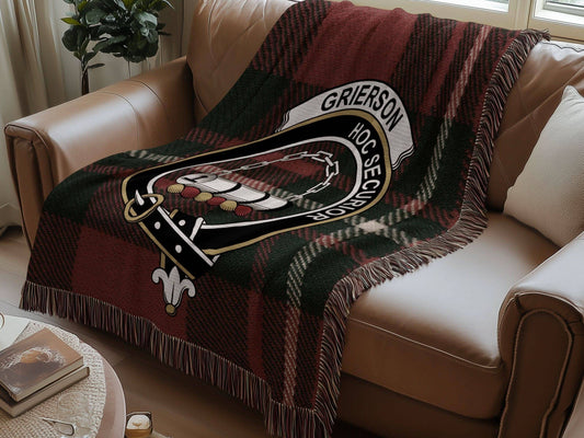 Grierson Clan Crest Tartan Scottish Woven Blanket - Celtic Ancestry Gifts