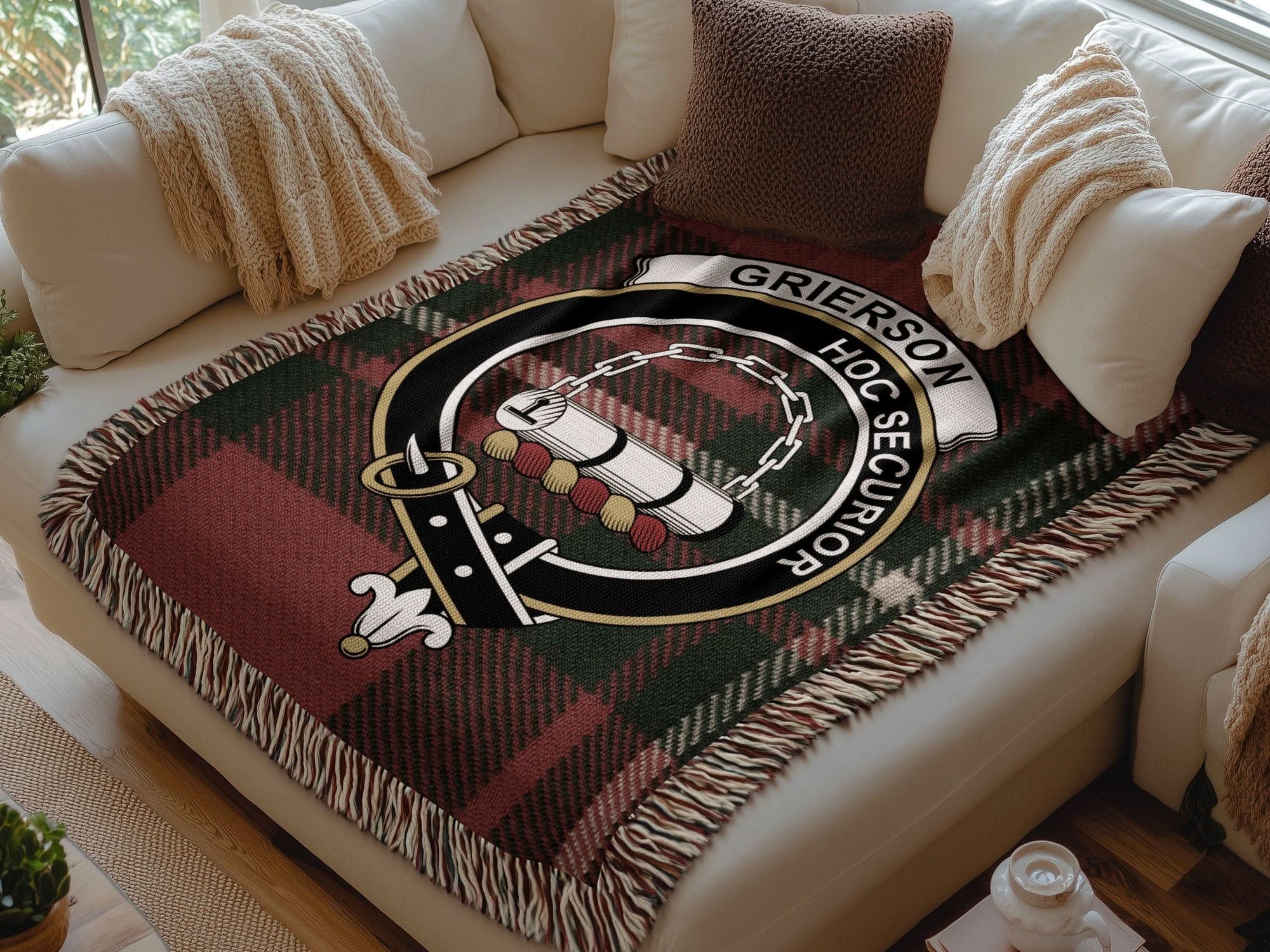 Grierson Clan Crest Tartan Scottish Woven Blanket - Celtic Ancestry Gifts