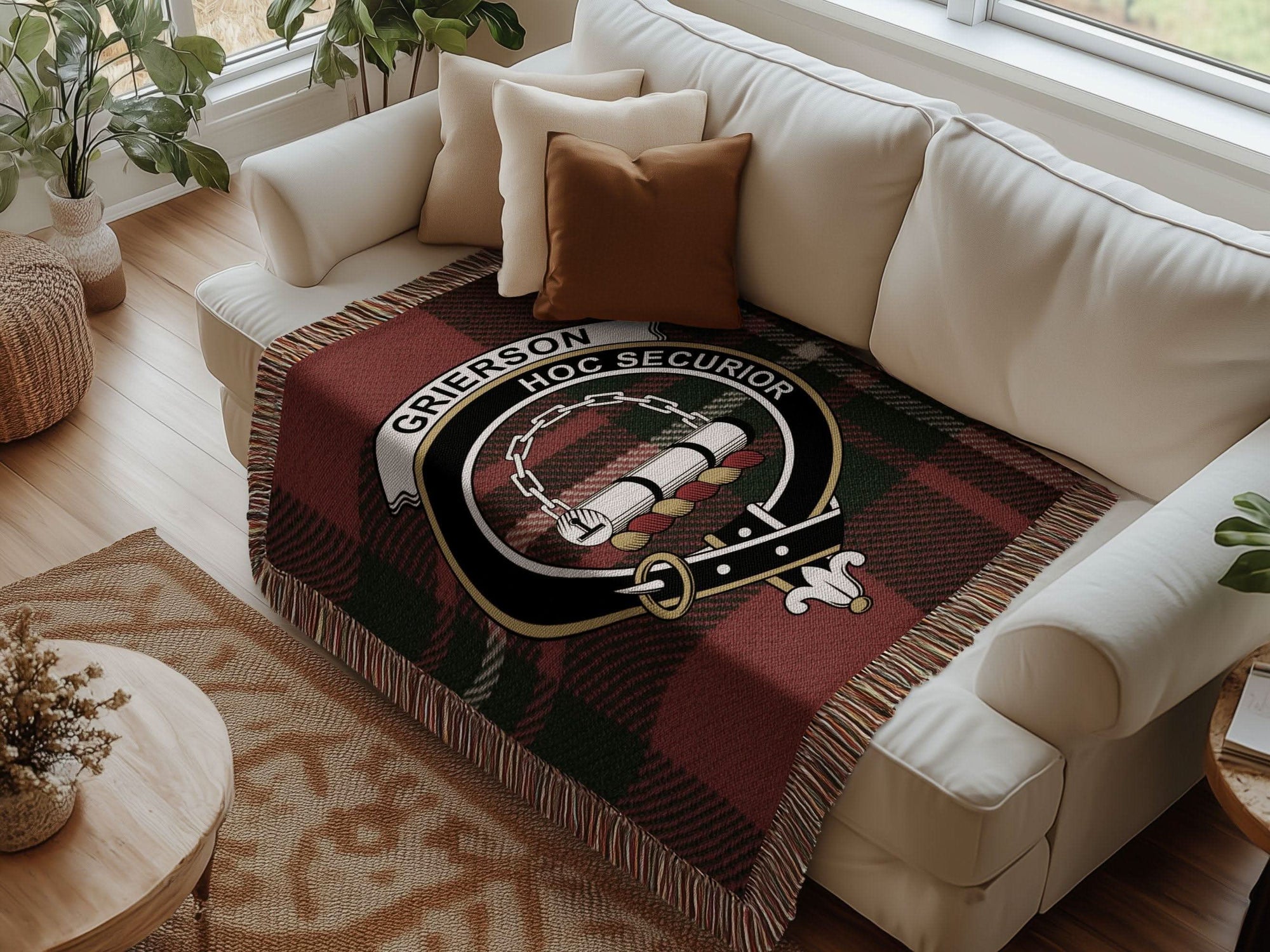 Grierson Clan Crest Tartan Scottish Woven Blanket - Celtic Ancestry Gifts