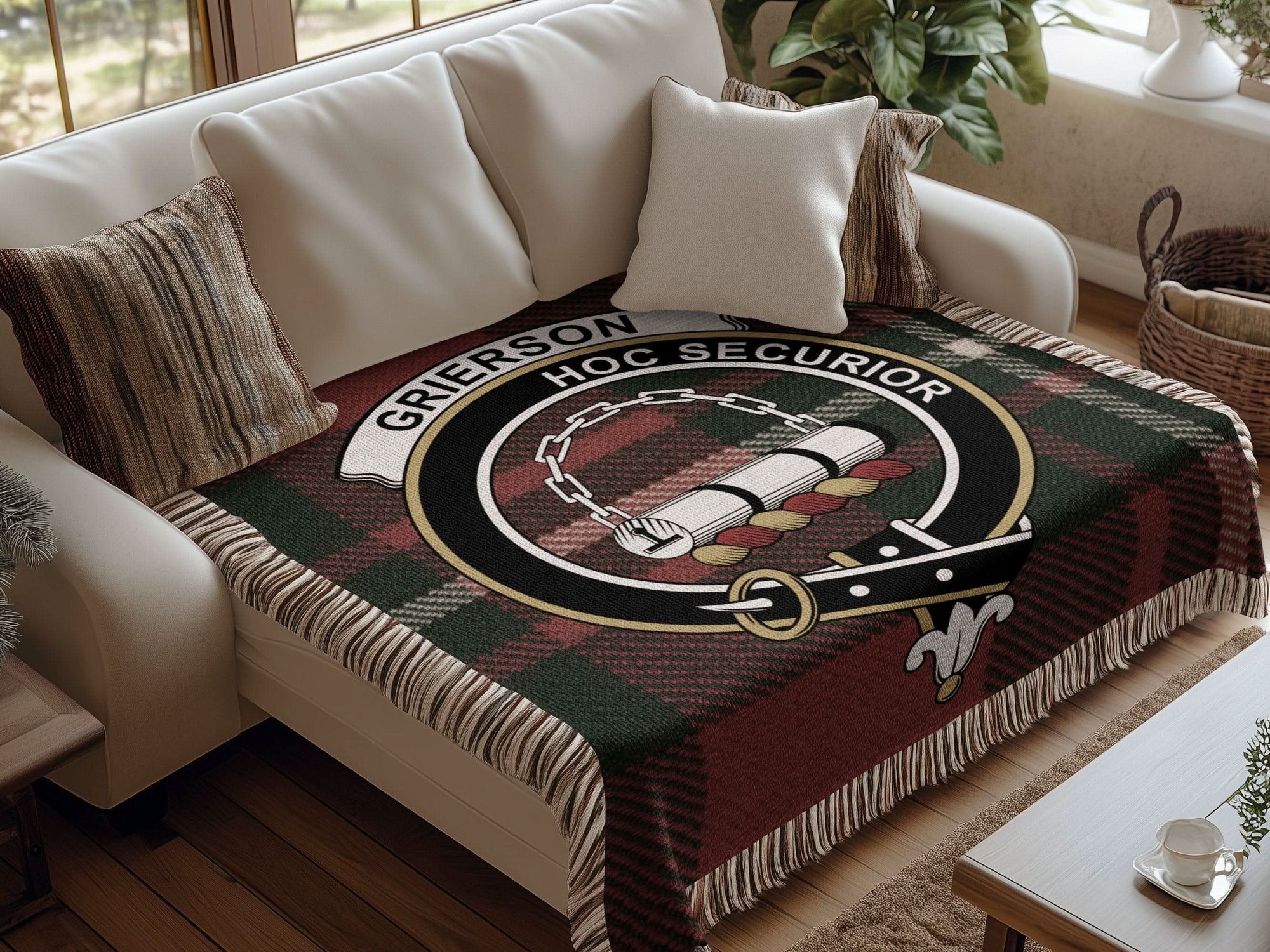 Grierson Clan Crest Tartan Scottish Woven Blanket - Celtic Ancestry Gifts
