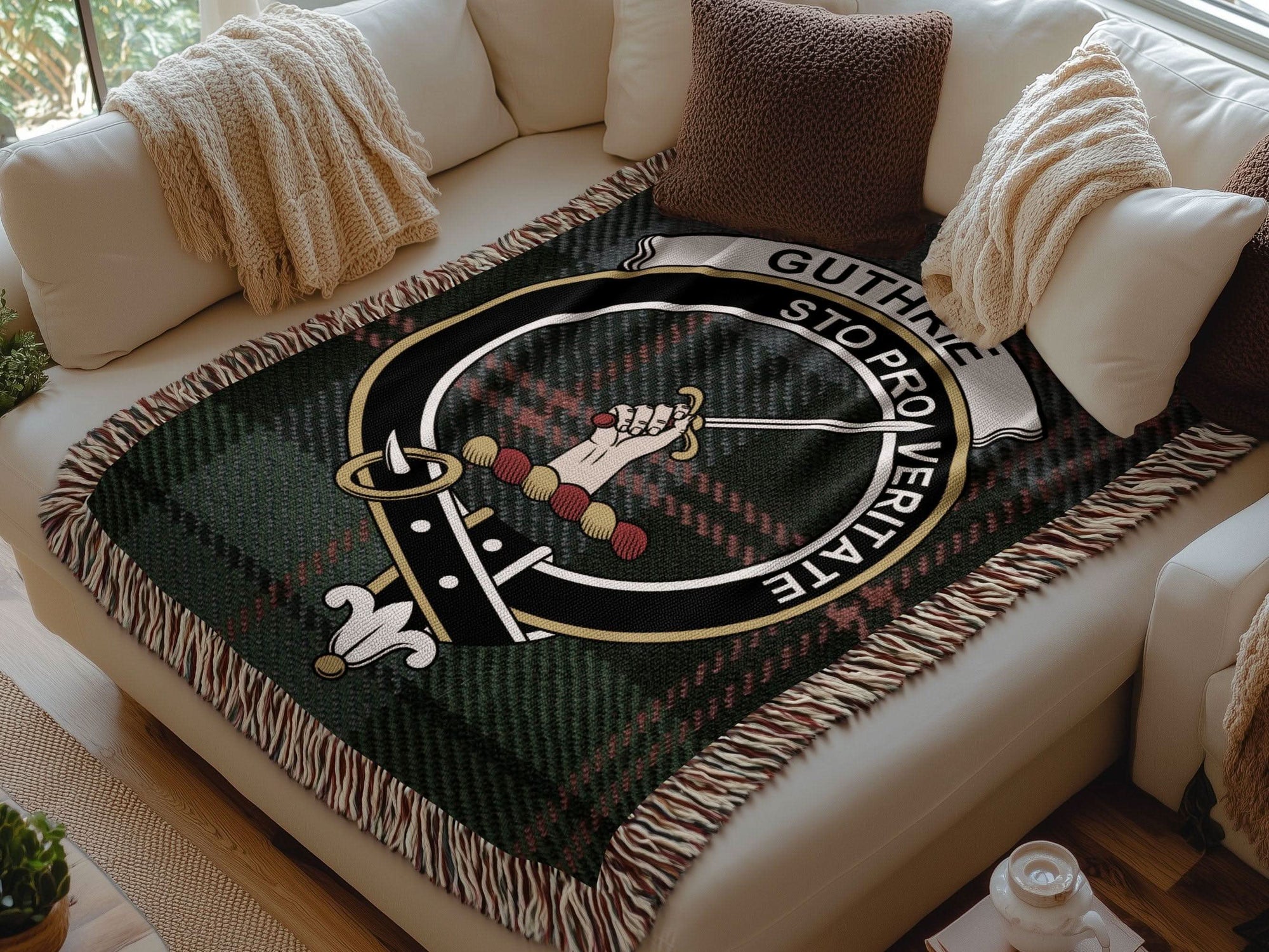 Guthrie Clan Crest Tartan Scottish Woven Blanket - Celtic Ancestry Gifts