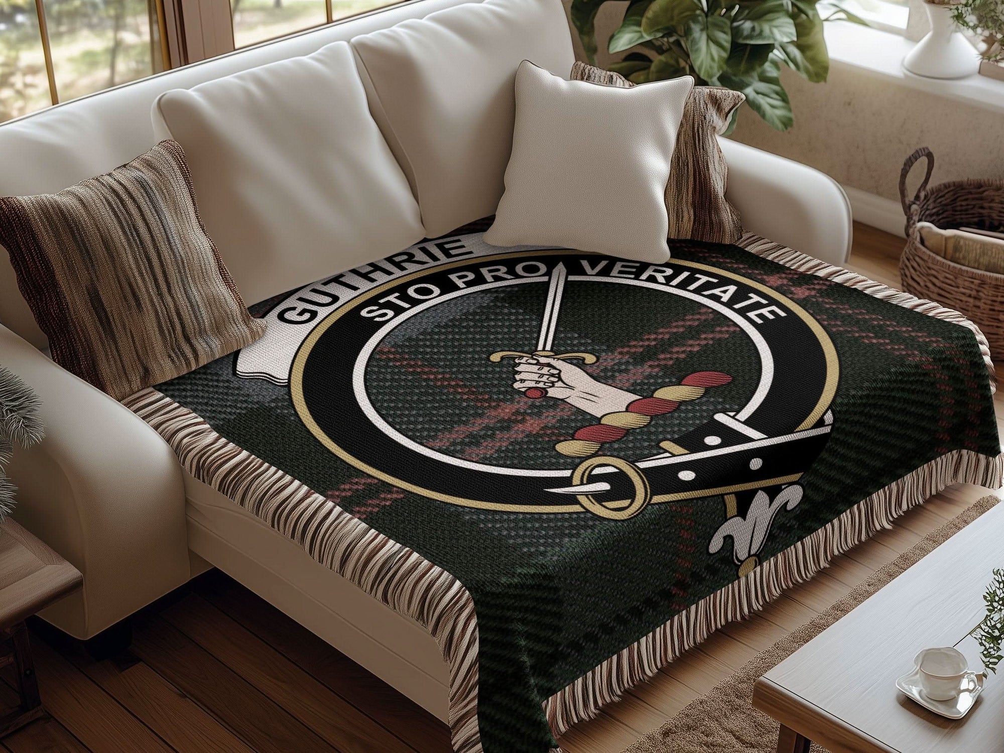 Guthrie Clan Crest Tartan Scottish Woven Blanket - Celtic Ancestry Gifts