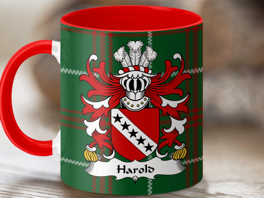 Physical Item Harold Welsh Surname Coat of Arms on Tartan Background Mug