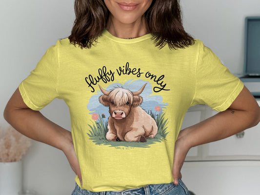 Physical Item Highland Cow Fluffy Vibes Only Graphic T-Shirts