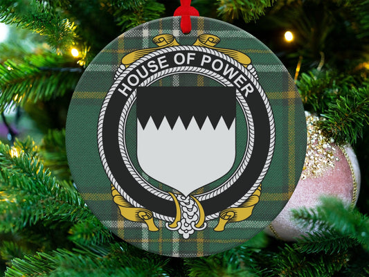 Physical Item House of Power Crest Irish surname tartan christmas ornaments