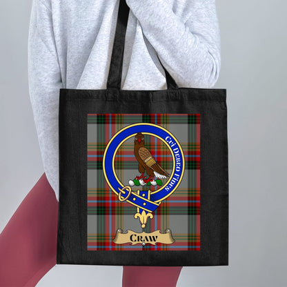 Physical Item Iconic Craw Clan Crest on Colorful Tartan Tote Bag