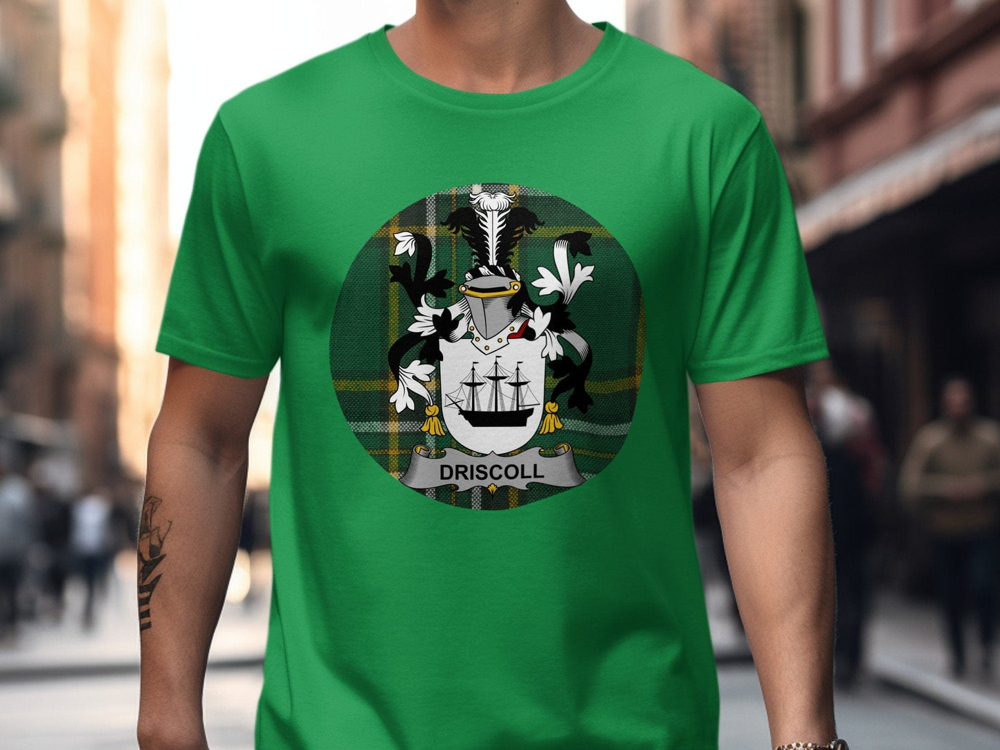 Physical Item Irish Green / S Irish surname Driscoll Irish national tartan background T-Shirt