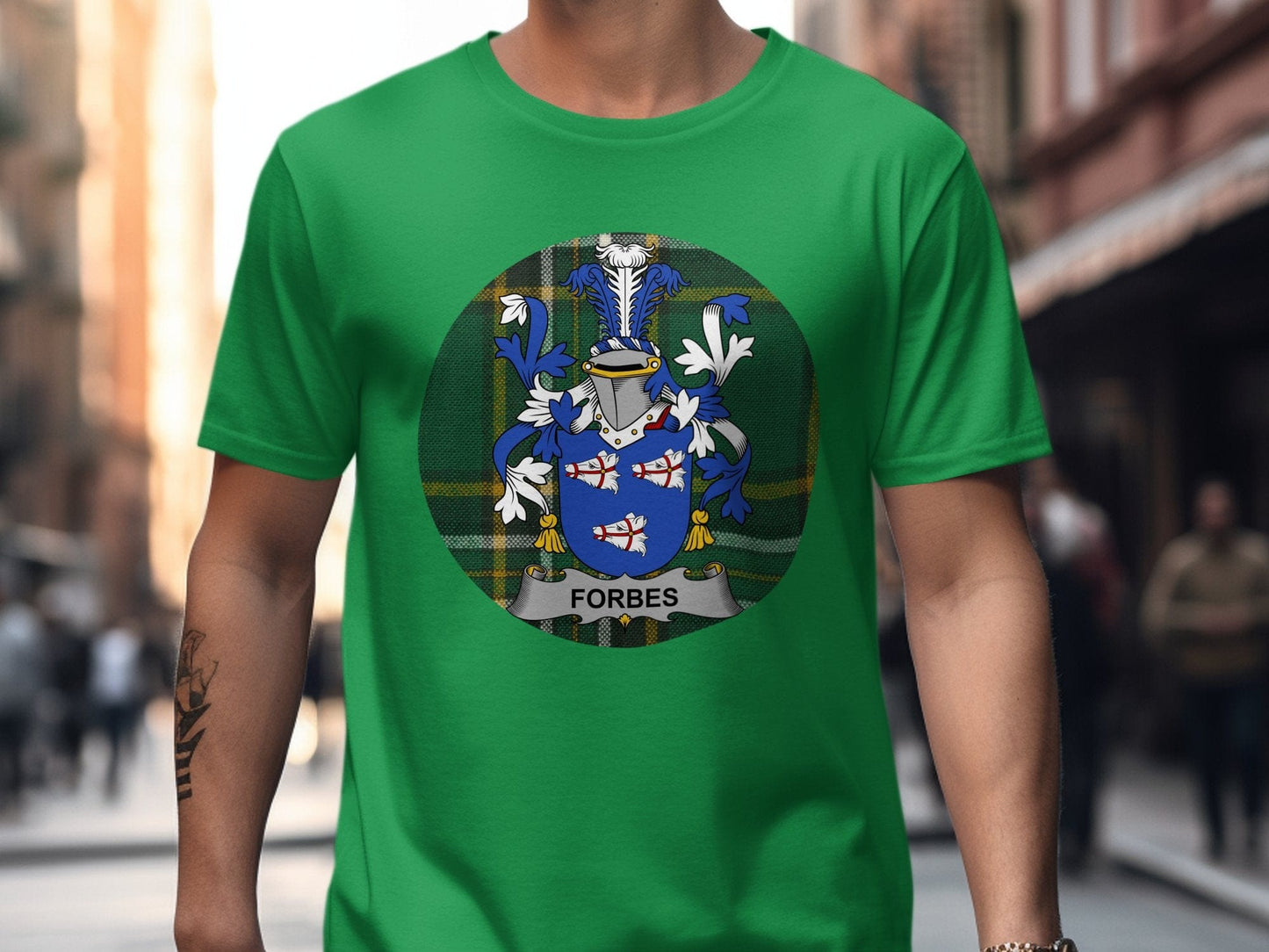 Physical Item Irish Green / S Irish surname Forbes Coat of Arms on Tartan Background T-Shirt