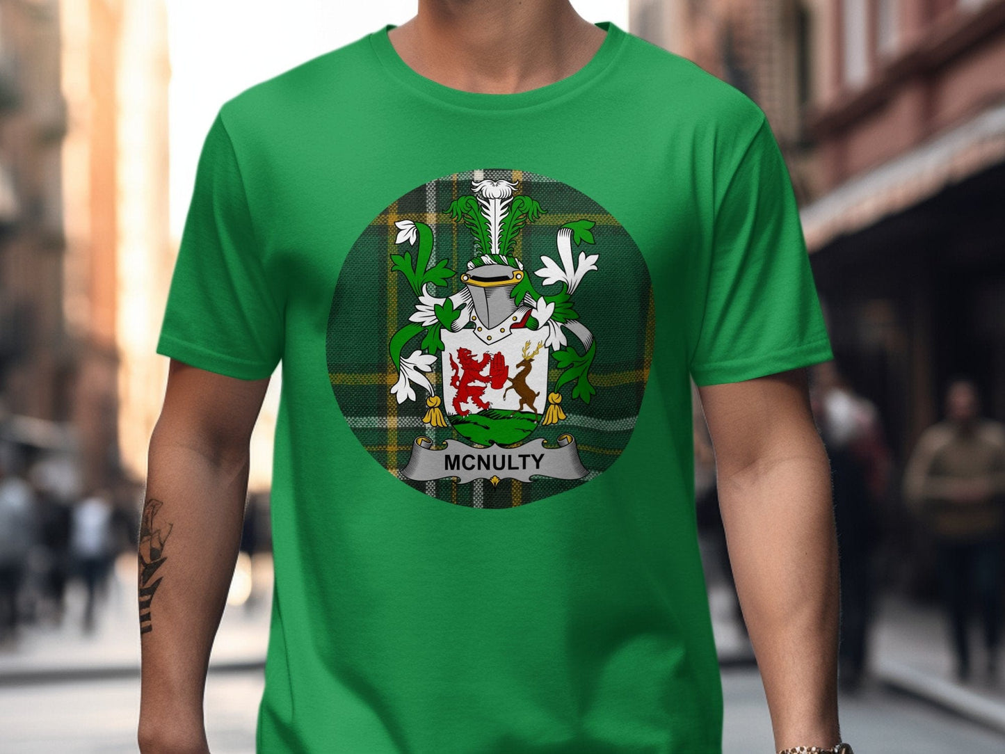 Physical Item Irish Green / S McNulty Coat of Arms on Irish National Tartan Background T-Shirt