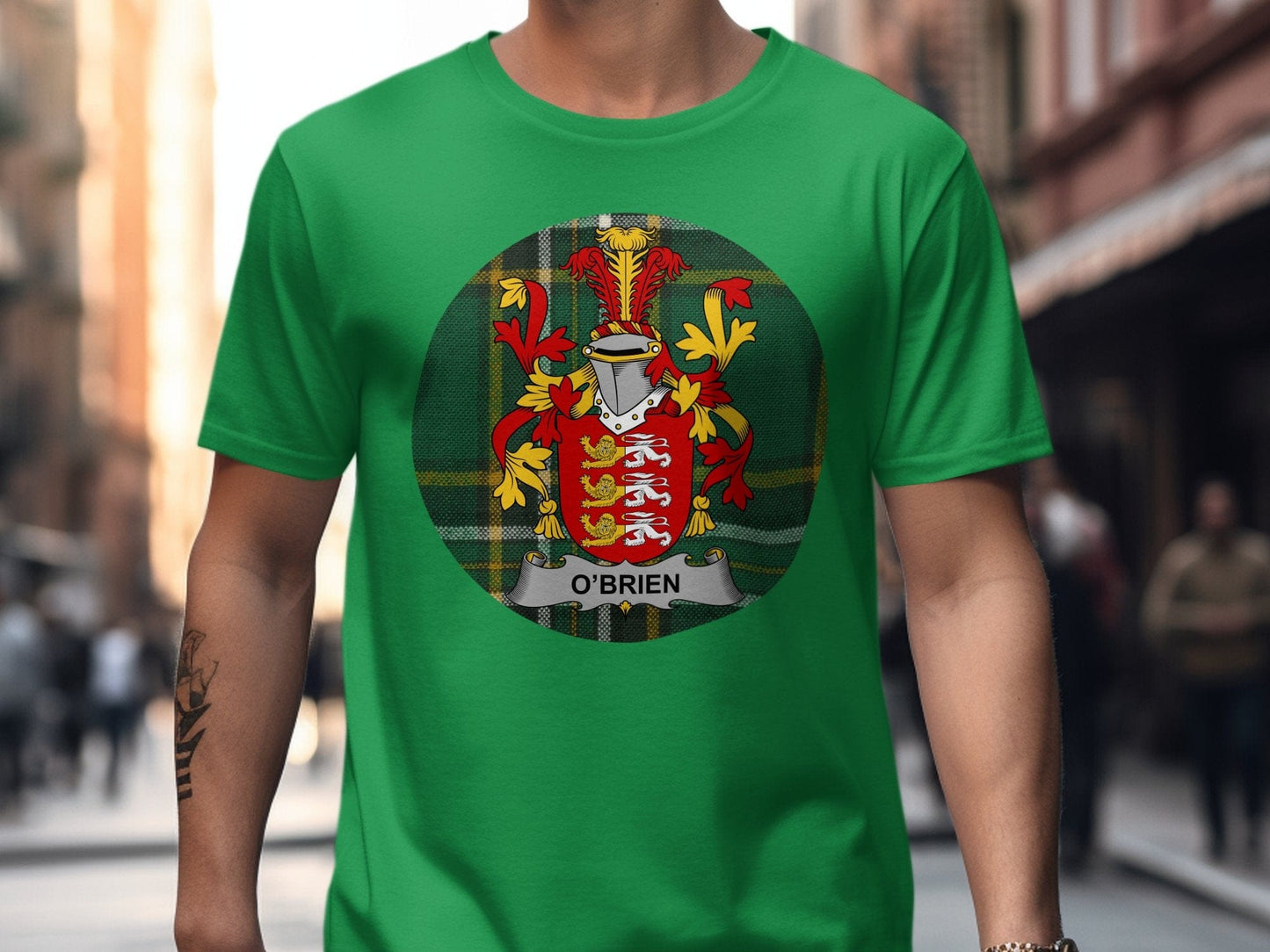 Physical Item Irish Green / S O'Brien Coat of Arms on Tartan Background T-Shirt