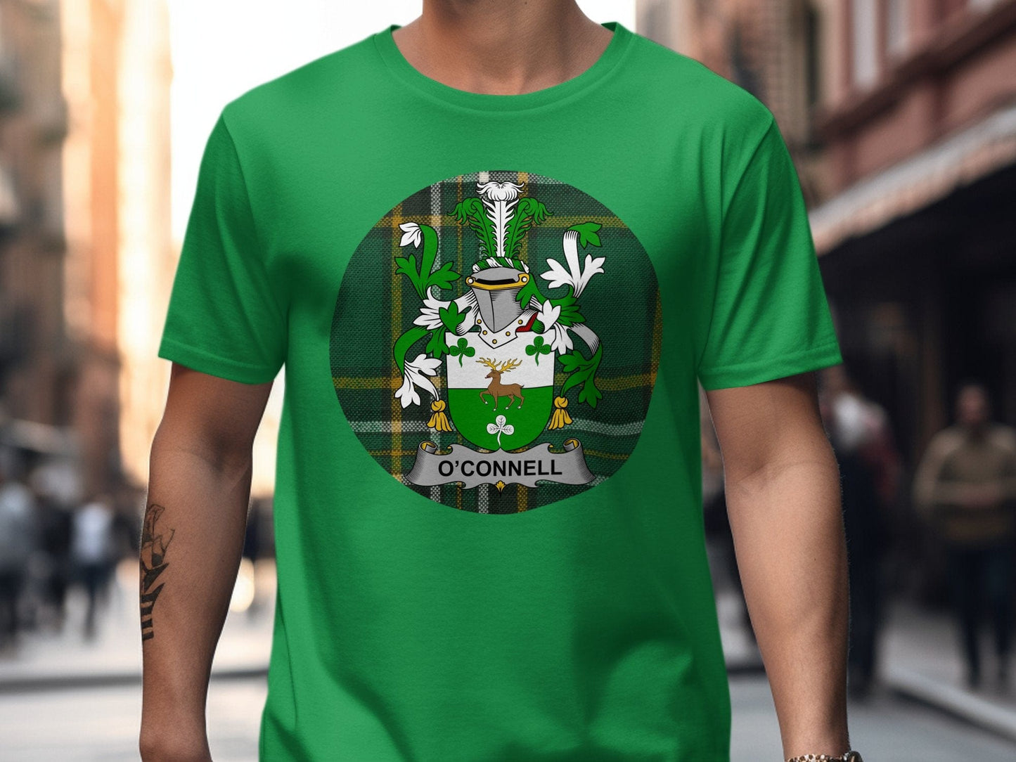 Physical Item Irish Green / S O'Connell Irish Surname Tartan Background T-Shirt