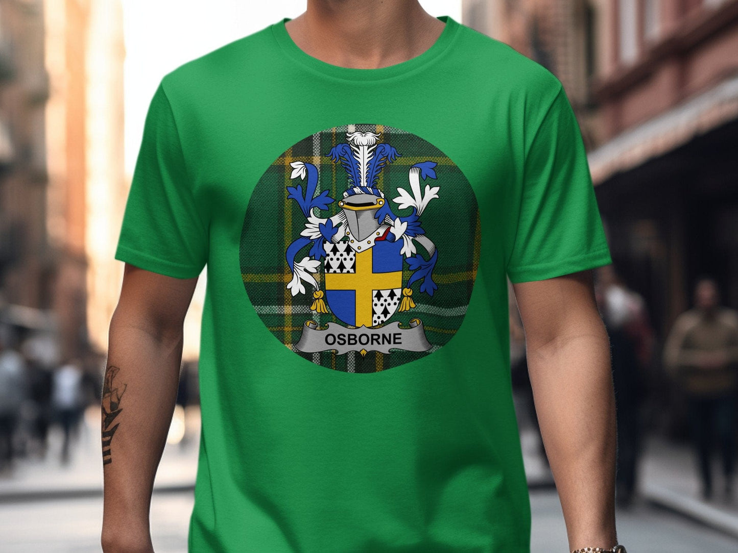 Physical Item Irish Green / S Osborne Irish Surname Coat of Arms on Tartan Background T-Shirt