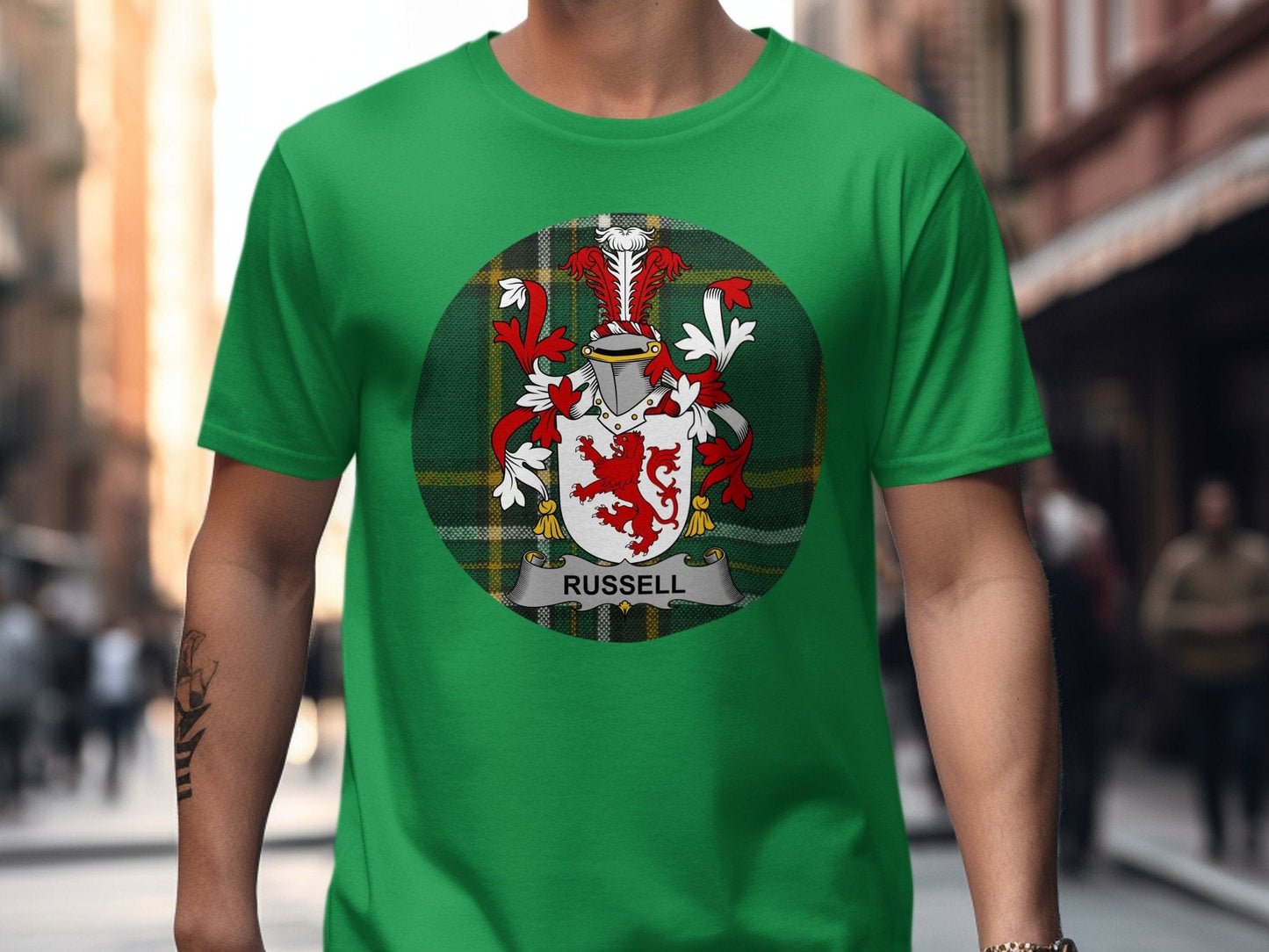 Physical Item Irish Green / S Russell Irish Surname Coat of Arms Tartan Background T-Shirt