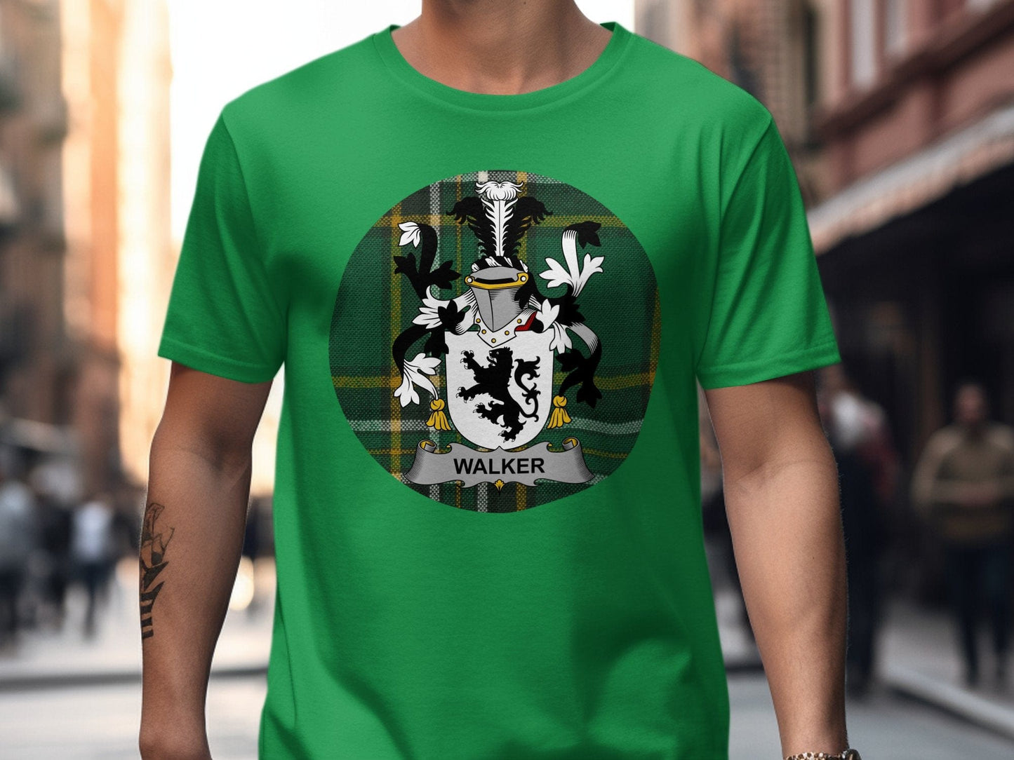 Physical Item Irish Green / S Walker Irish surname coat of arms Tartan background T-Shirt