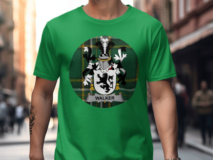 Physical Item Irish Green / S Walker Irish surname coat of arms Tartan background T-Shirt