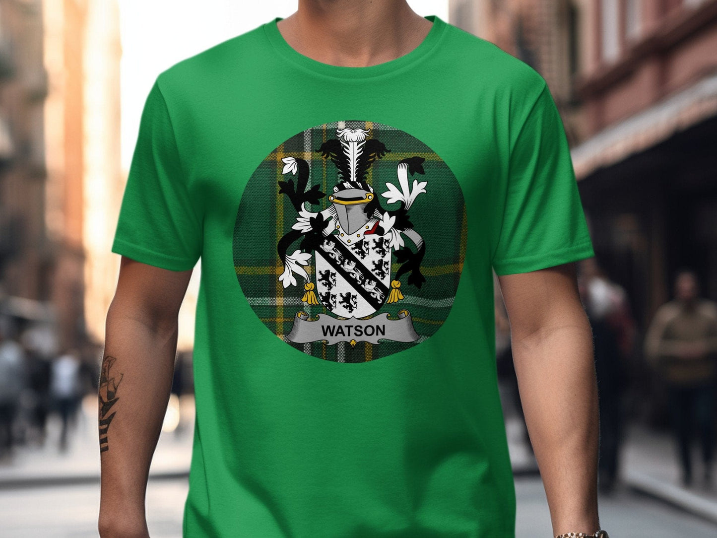 Physical Item Irish Green / S Watson Family Crest Shield on Irish National Tartan T-Shirt