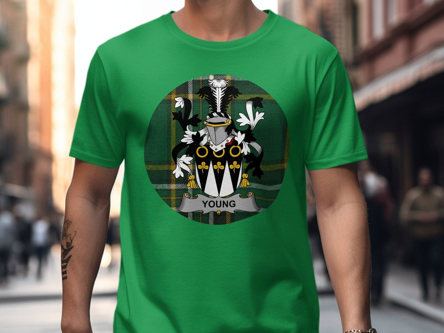 Physical Item Irish Green / S Young Coat of Arms on Irish Tartan Background T-Shirt