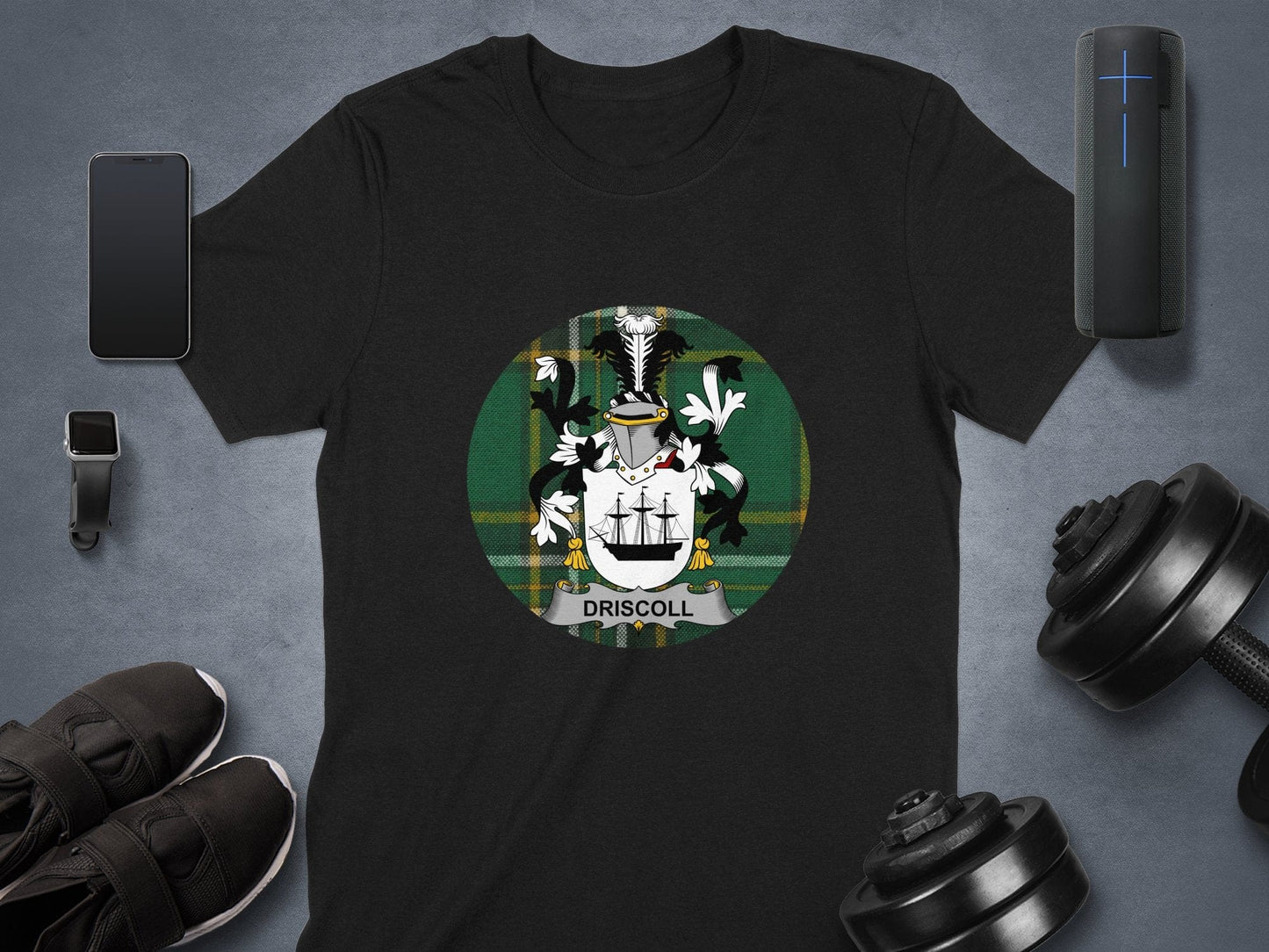 Physical Item Irish surname Driscoll Irish national tartan background T-Shirt