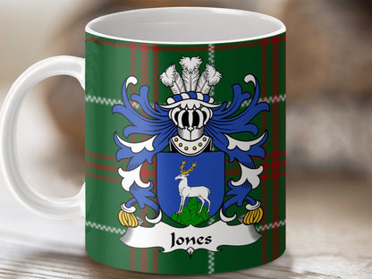 Physical Item Jones Family Crest on Tartan Background Mug