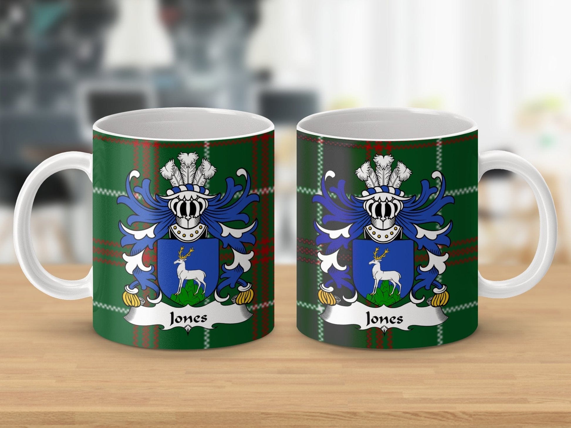 Physical Item Jones Family Crest on Tartan Background Mug