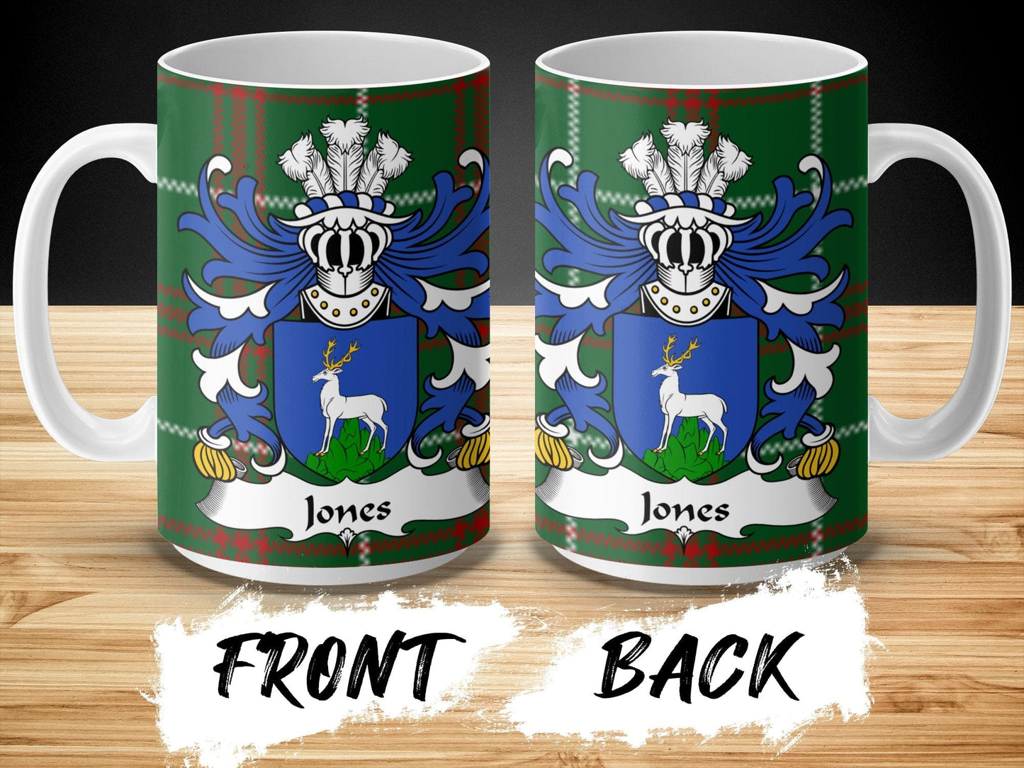 Physical Item Jones Family Crest on Tartan Background Mug