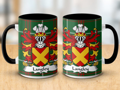 Physical Item Langley Family Crest on Welsh Tartan Background Mug