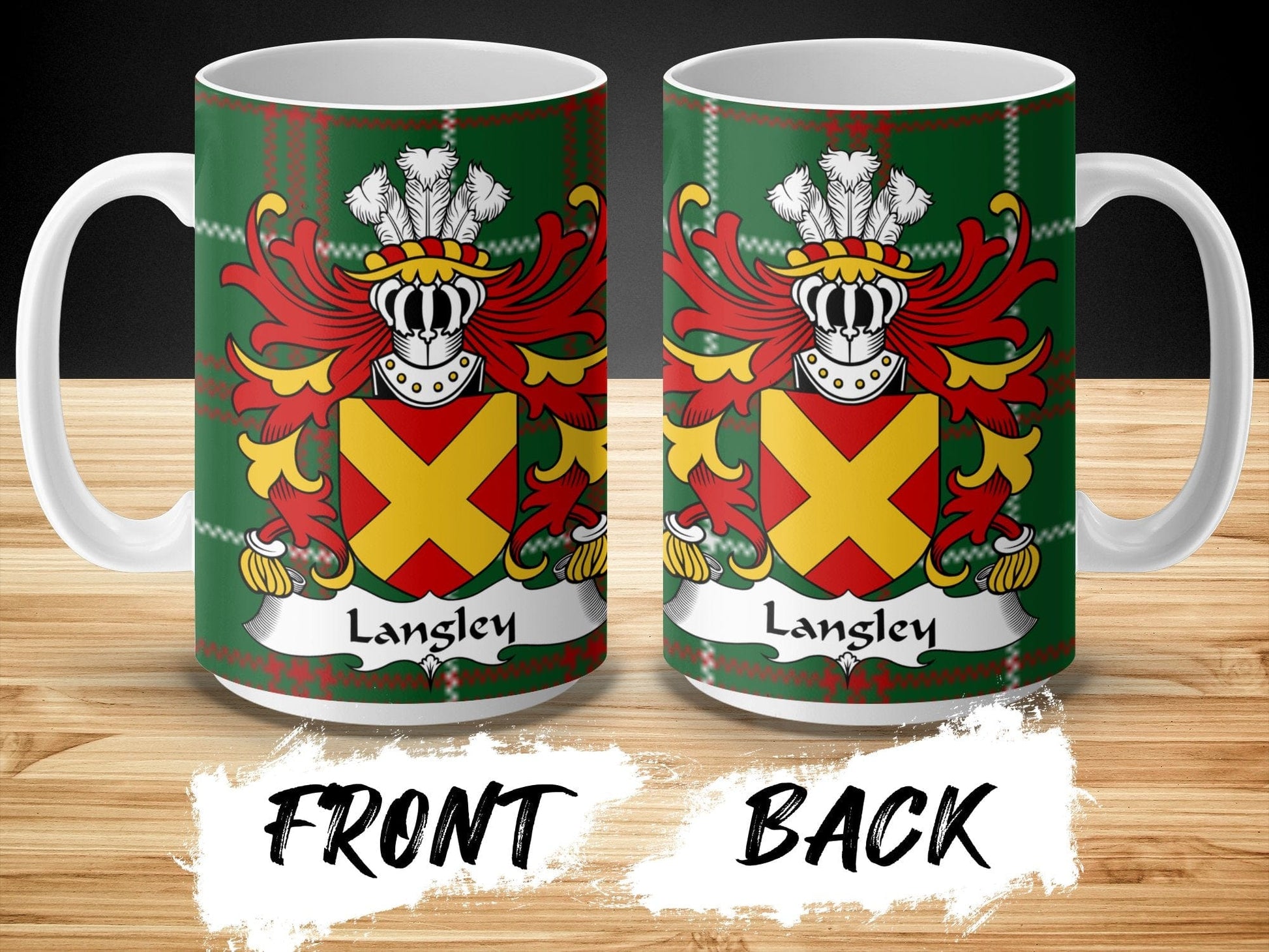 Physical Item Langley Family Crest on Welsh Tartan Background Mug