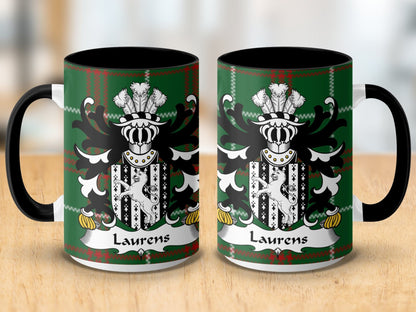 Physical Item Laurens Welsh Surname Coat of Arms on Tartan Background Mug