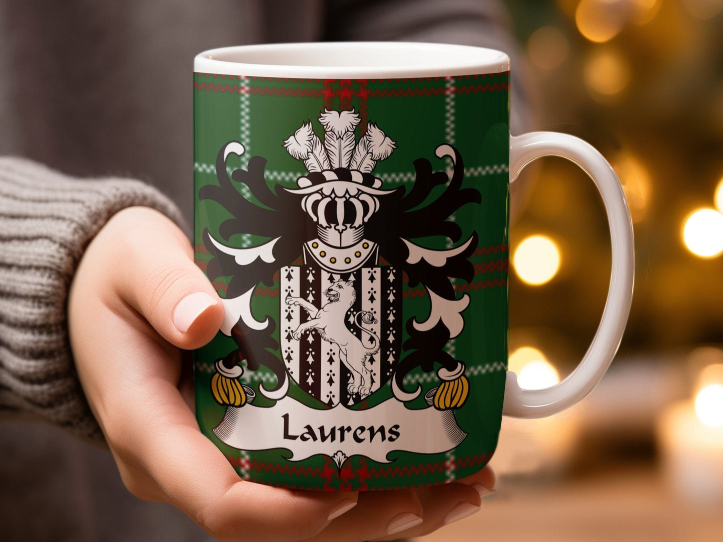 Physical Item Laurens Welsh Surname Coat of Arms on Tartan Background Mug