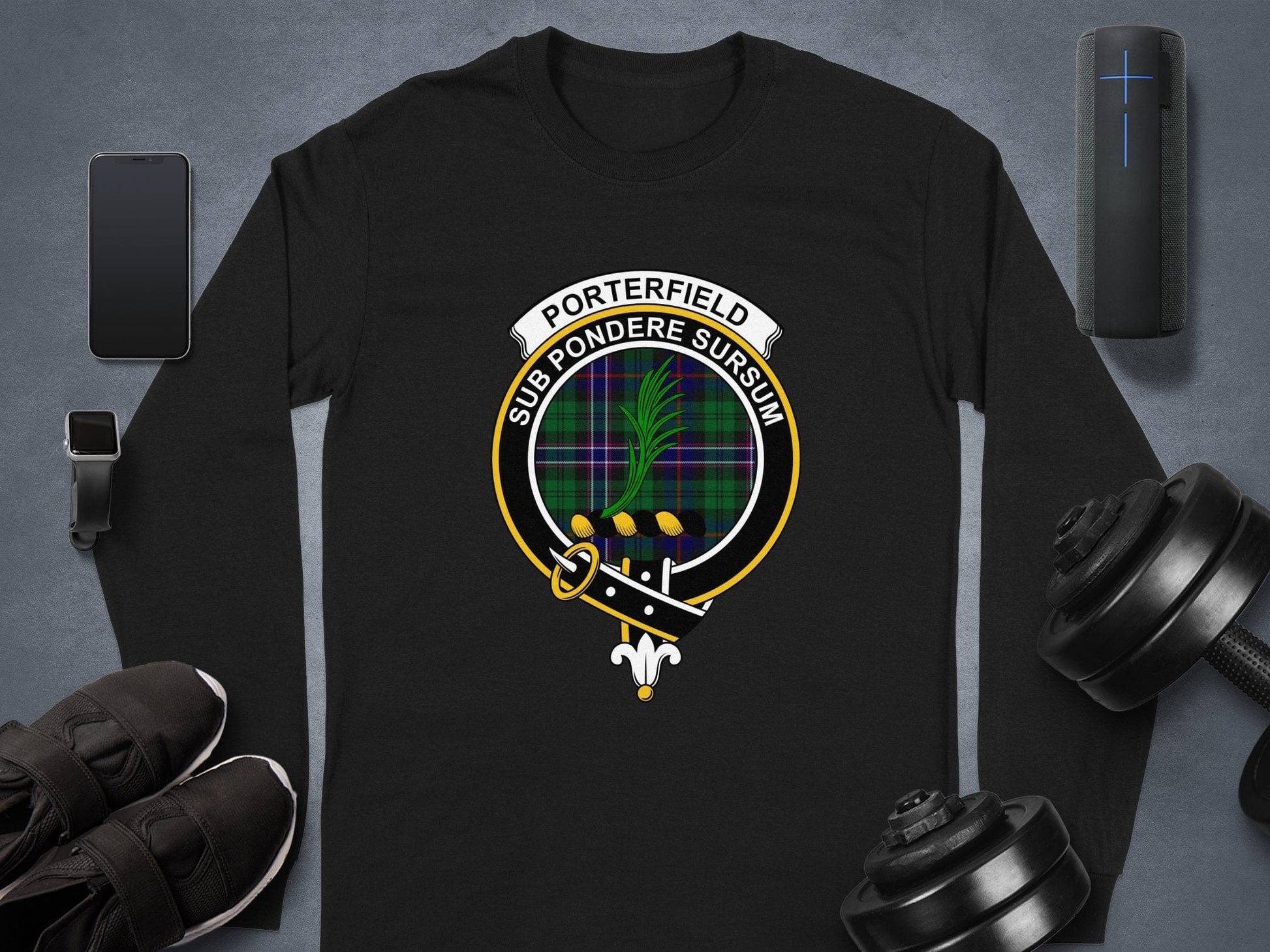 Physical Item Long Sleeve T-Shirts / S / Black Porterfield Scottish Clan Crest Tartan long sleeve tee sweatshirt hoodie