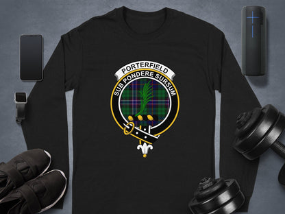 Physical Item Long Sleeve T-Shirts / S / Black Porterfield Scottish Clan Crest Tartan long sleeve tee sweatshirt hoodie