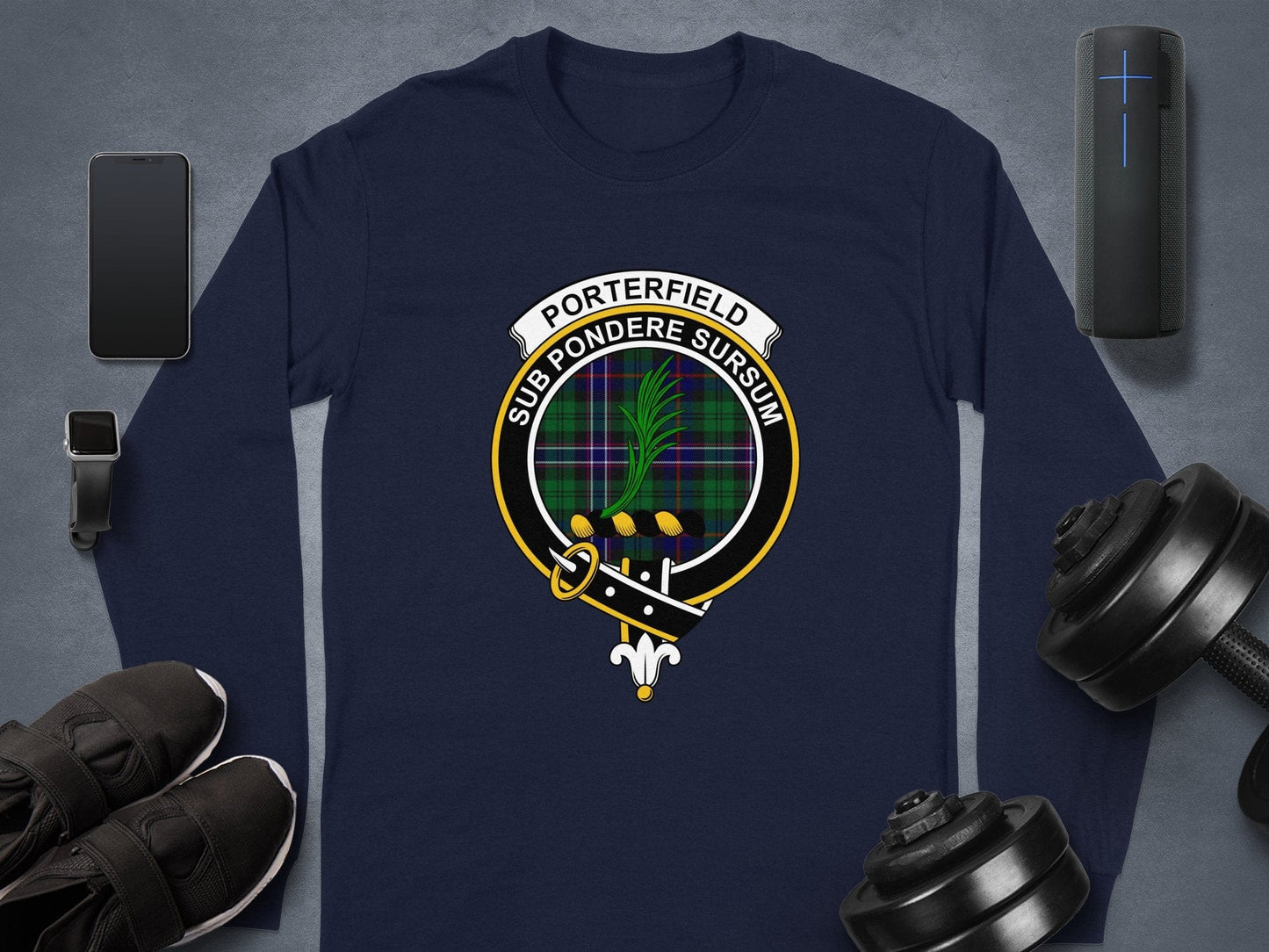 Physical Item Long Sleeve T-Shirts / S / Navy Porterfield Scottish Clan Crest Tartan long sleeve tee sweatshirt hoodie