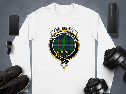 Physical Item Long Sleeve T-Shirts / S / White Porterfield Scottish Clan Crest Tartan long sleeve tee sweatshirt hoodie