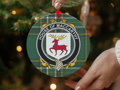 Physical Item MacCarthy Crest Irish tartan Christmas ornaments