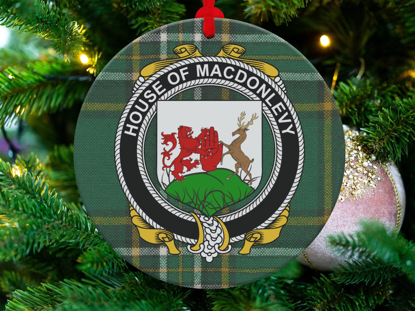 Physical Item MacDonlevy Crest Irish tartan Christmas Ornaments