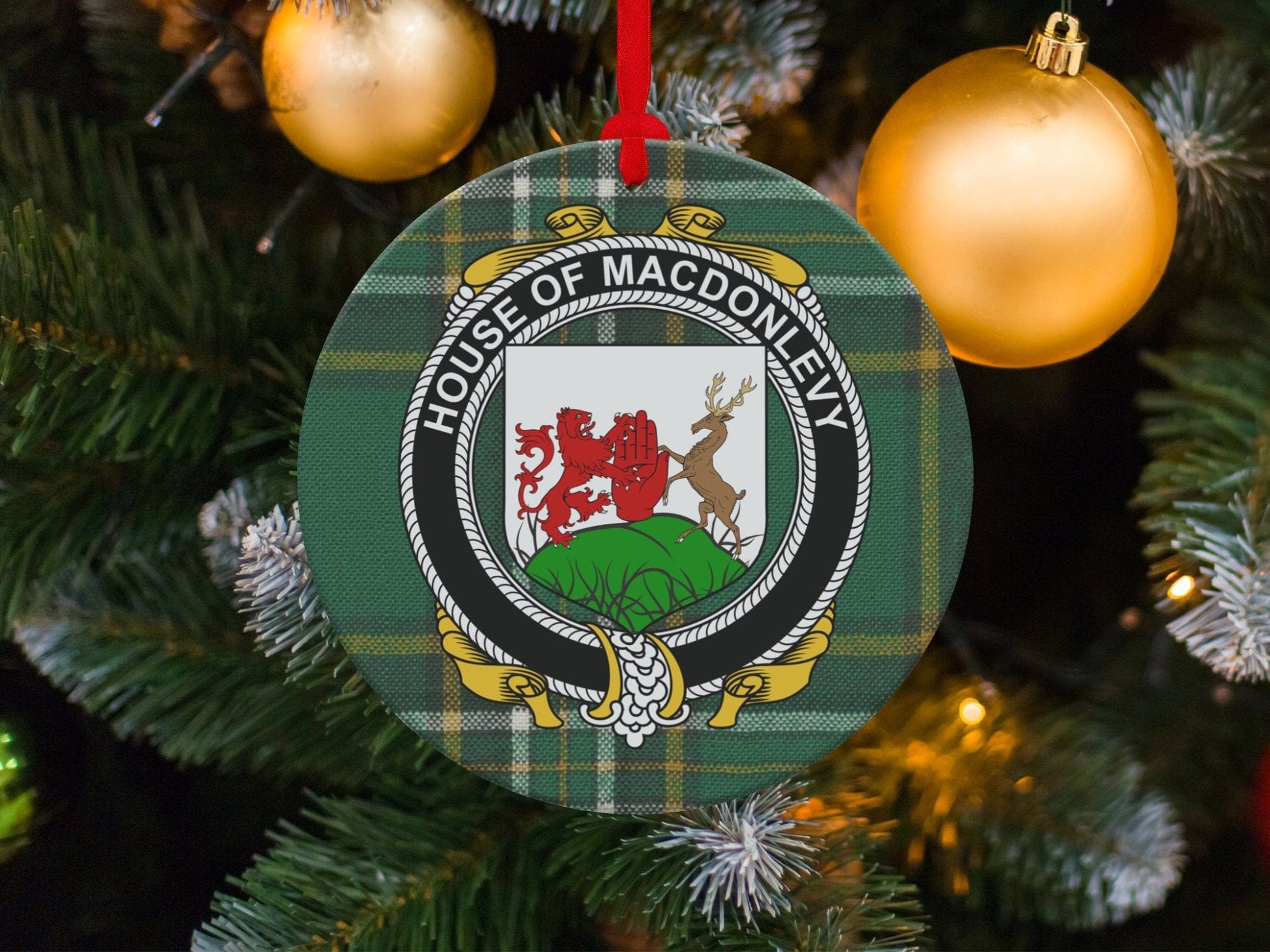 Physical Item MacDonlevy Crest Irish tartan Christmas Ornaments