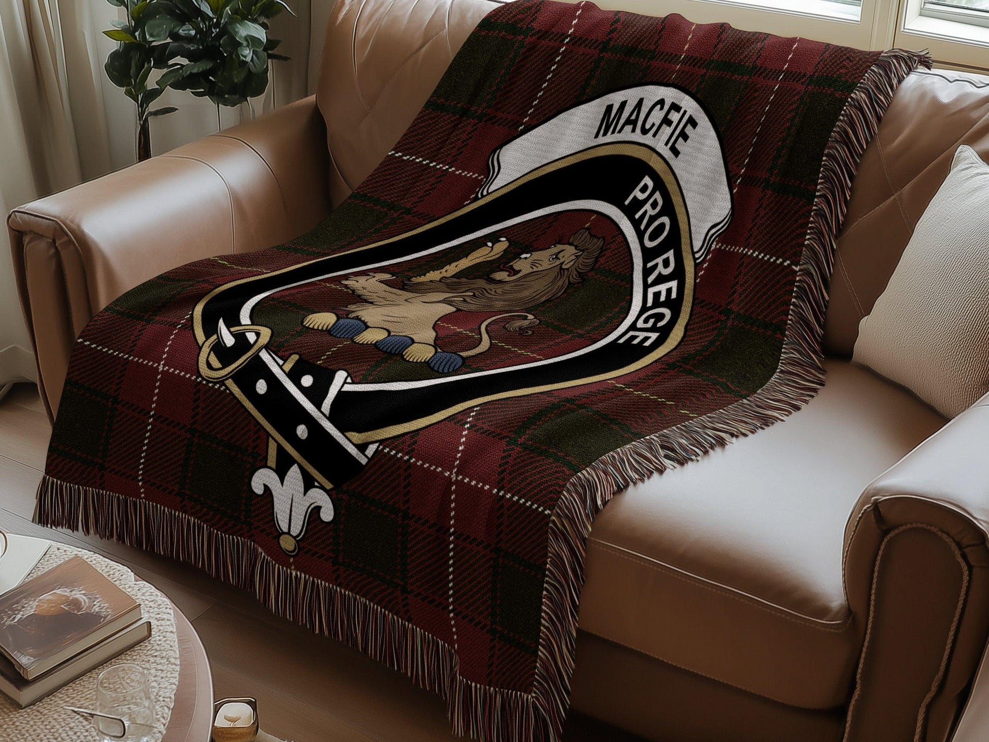 Physical Item Macfie Clan Crest Tartan Scottish Heritage Woven Blanket